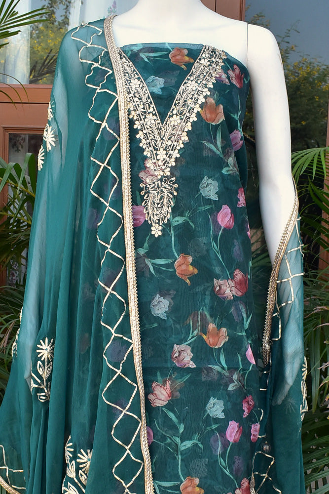 Beautiful Organza unstitched suit fabric with Gota Patti Work, Hand embroidery & Chiffon dupatta with Gota Work