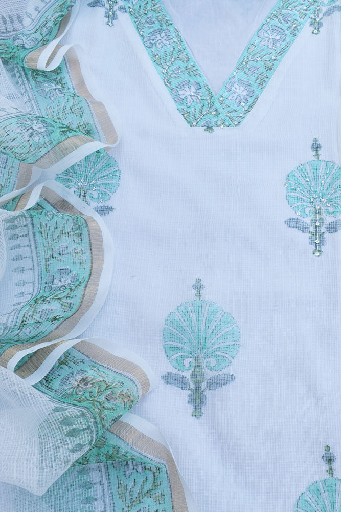 Premium Semi stitched Kota Doria Unstitched suit with Hand Block Print & Hand Embroidery