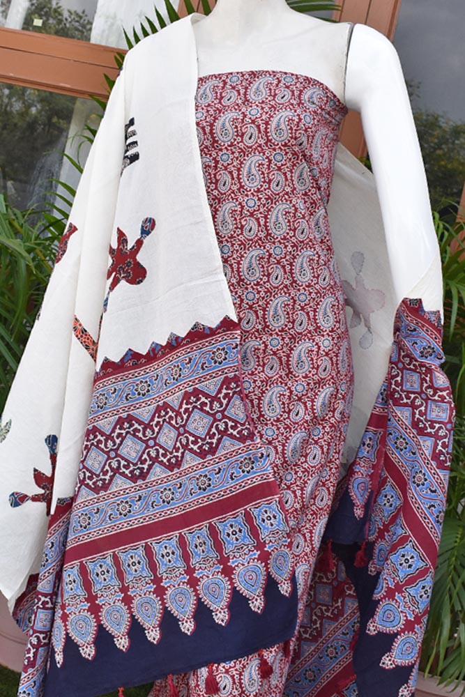 Beautiful Ajrakh kurta fabric with Hand Patch work dupatta