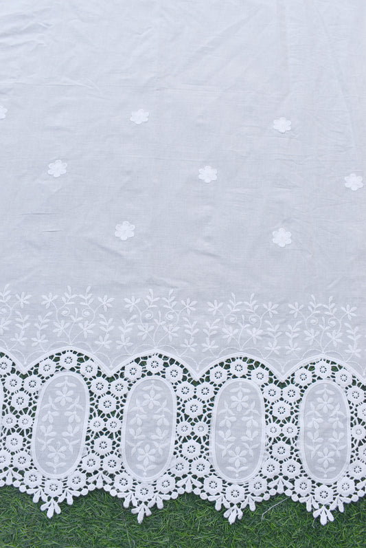 Beautiful cotton fabric with schiffli work & embroidery - 2.5 mtrs - color White - dyeable