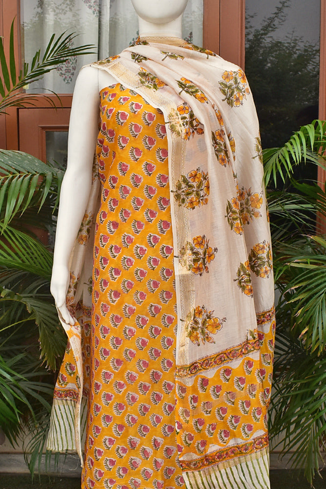 Elegant Sanganer Hand Block Printed Maheshwari Unstitched suit fabric