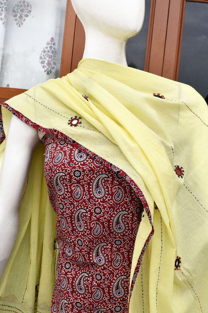 Beautiful Ajrakh Cotton Unstitched Suit with Real Mirror, Kantha & Applique Work dupatta
