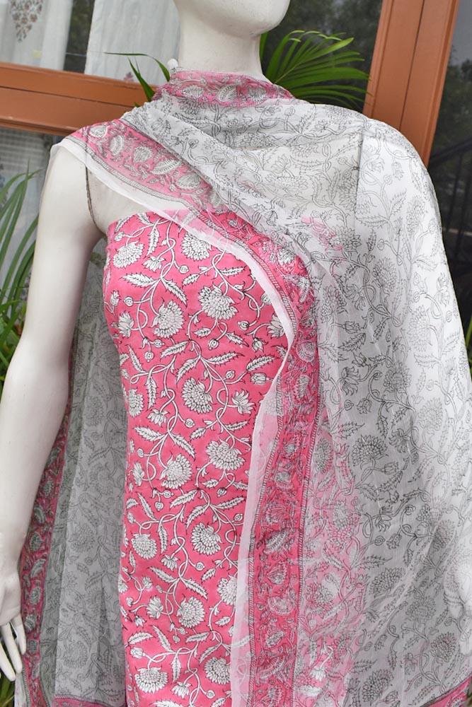 Hand Block Printed Cotton unstitched suit fabric with Chiffon dupatta