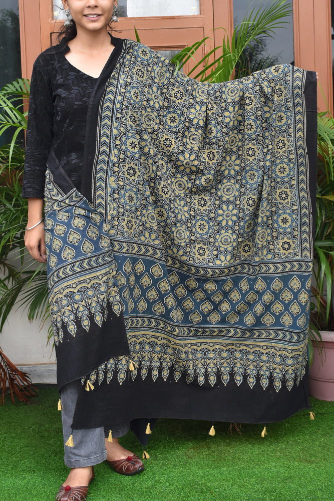 Ajrakh Hand Block Printed Cotton Dupatta with Tassels with natural dyes