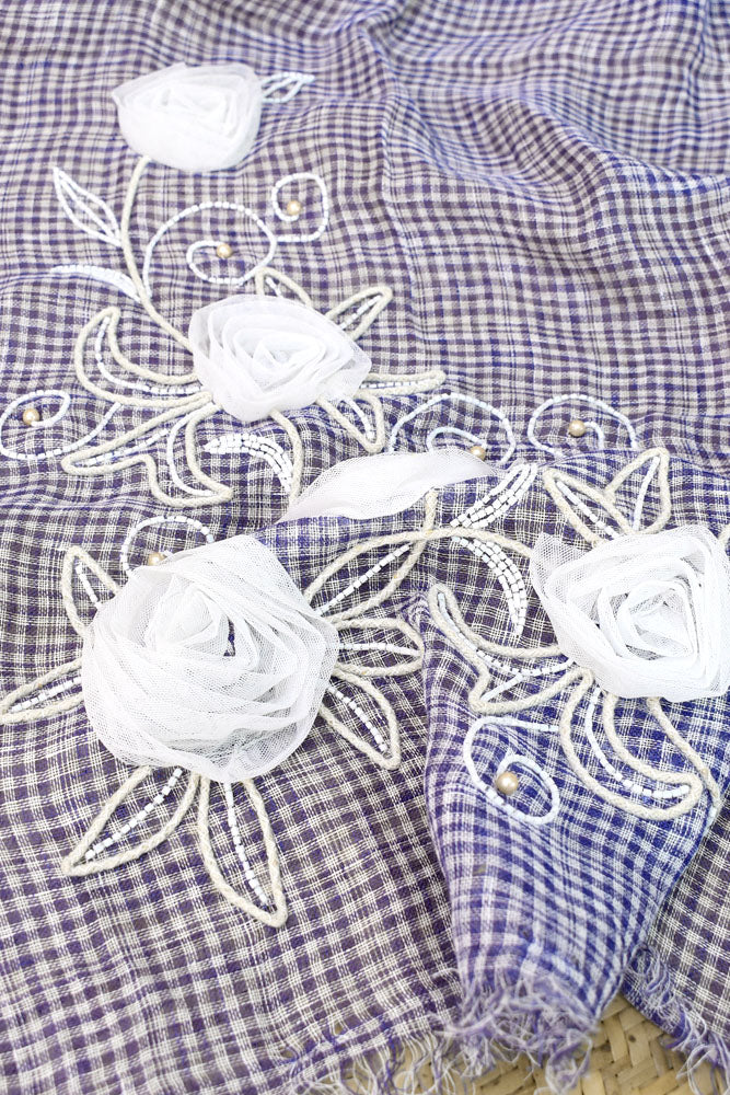Beautiful Linen Stole with hand embroidery, embellishments & tassels