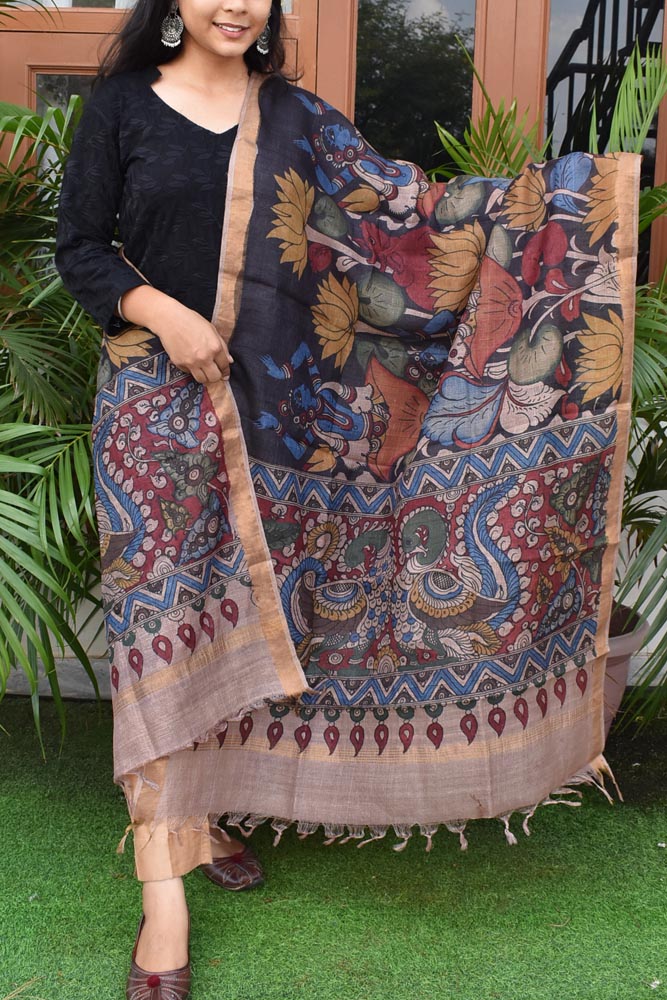 Earthy Hand Painted Kalamkari Desi Tussar Silk Dupatta