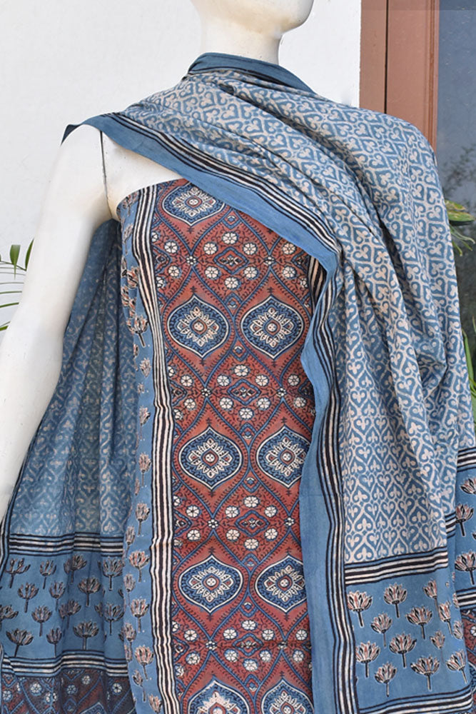 Hand Block Print Ajrakh Cotton Suit with designer Ajrakh neck yoke pattern