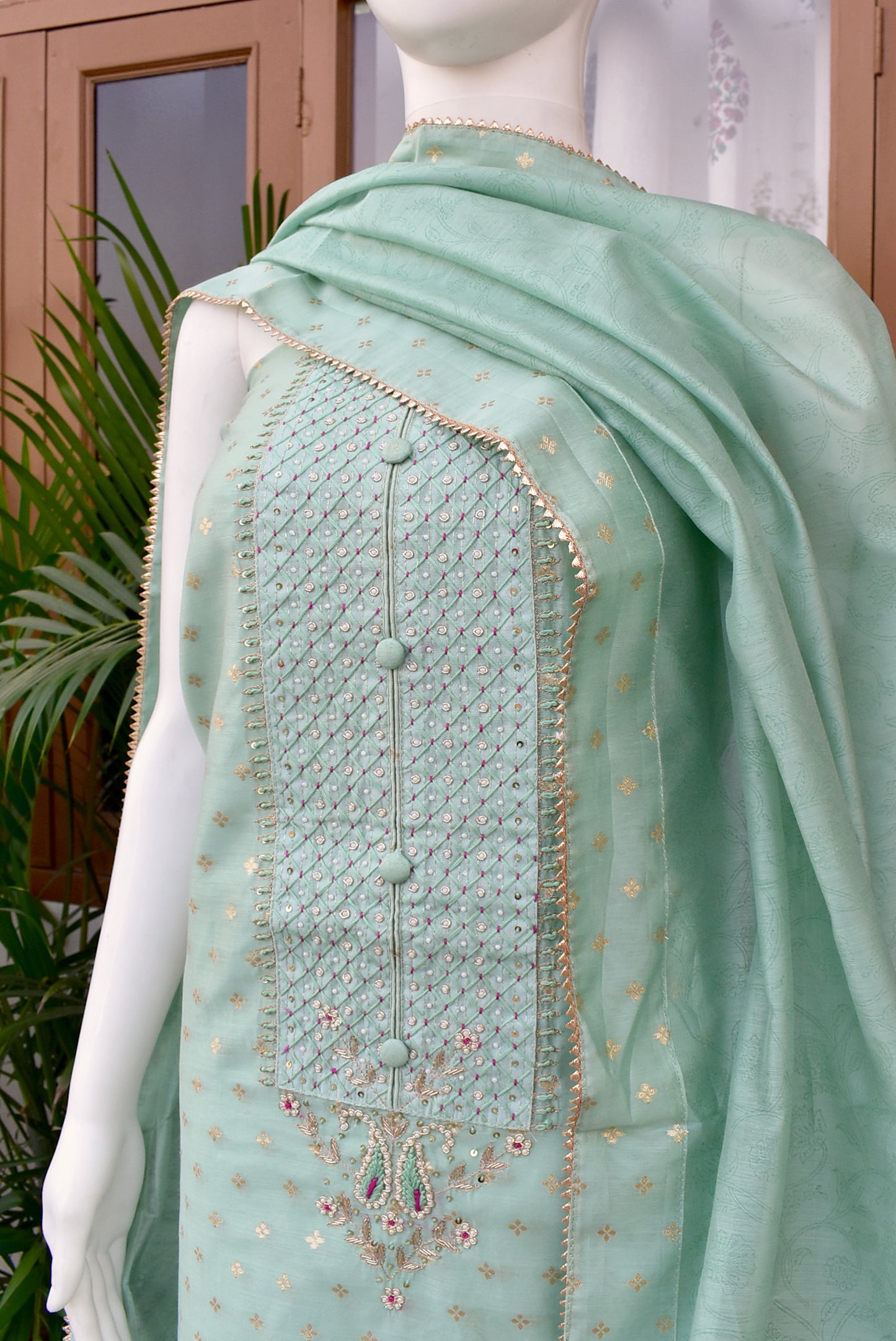 Beautiful Banarasi Chanderi unstitched suit fabric with Woven bootis, Hand embroidery & chanderi dupatta with stitched border Dupatta