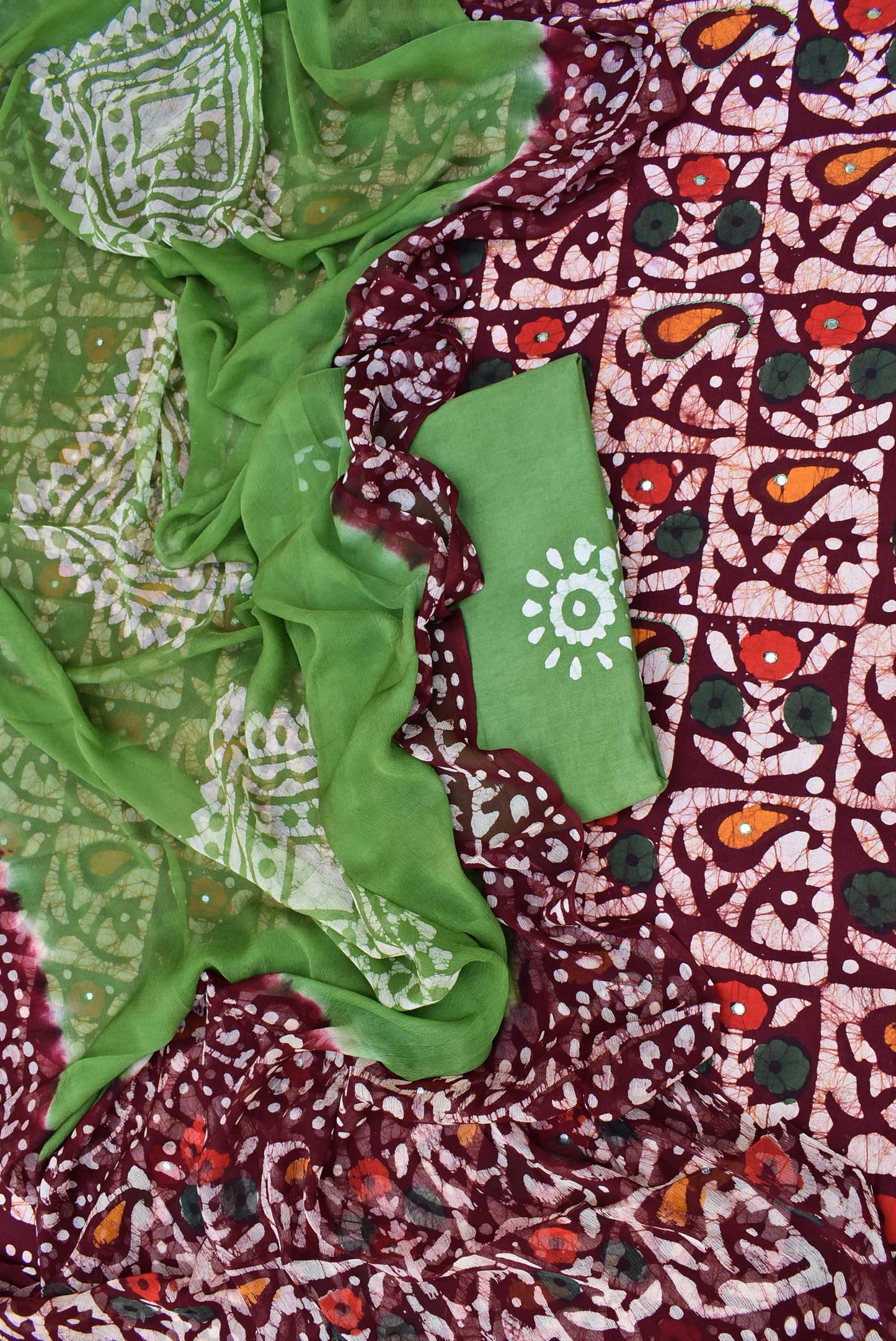 Wax Batik Work Cotton Unstitched Suit Fabric with foil mirror, embroidery & chiffon dupatta