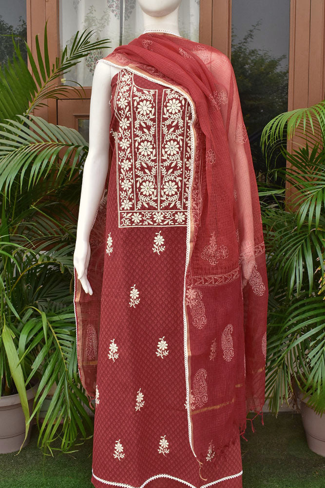 Beautiful Cotton Unstitched Suit Fabric with Embroidery work, Lace Detailing, Schiffli work bottom & & Kota Dupatta dupatta