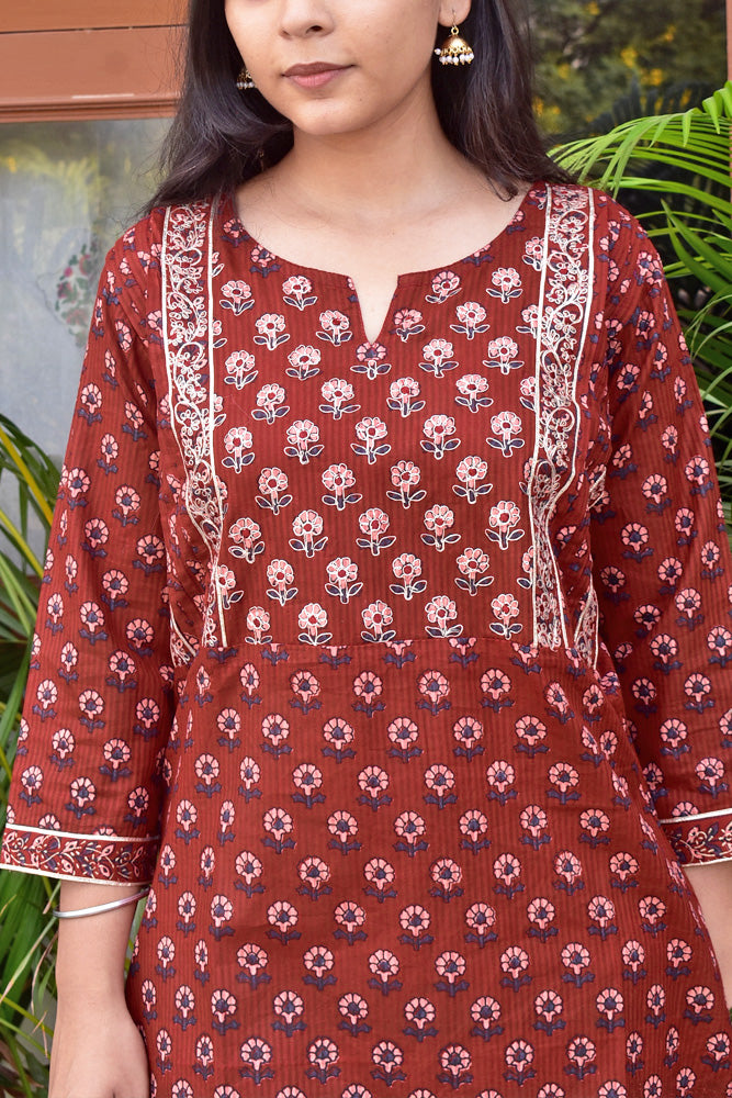 Hand Block Print Cotton Kurta with pitta work Size - 38, 40, 42, 44