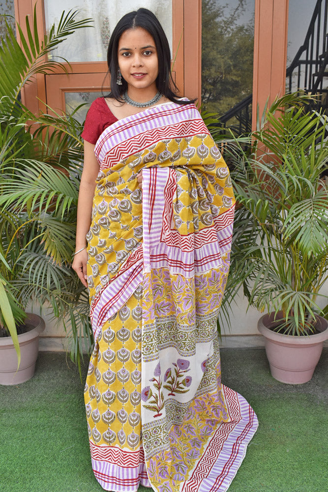 Beautiful Sanganer Hand Block Print Soft Cotton Saree