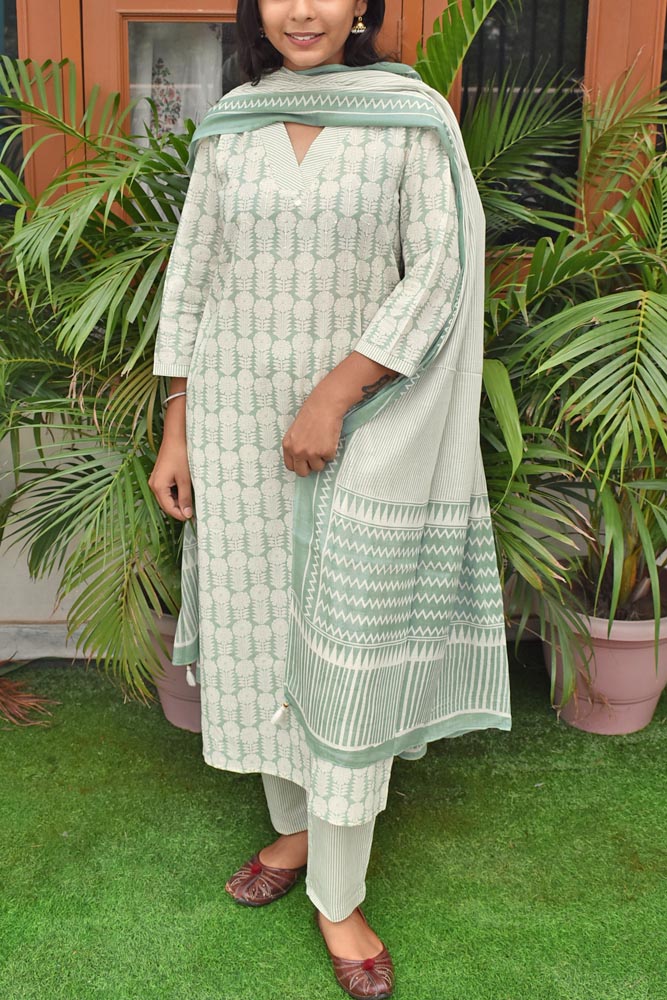 Hand Block Printed Cotton suit with Hand Embroidery & Sequins work- Kurta , Mul cotton Dupatta & Pant - size 36, 38, 40, 42, 44
