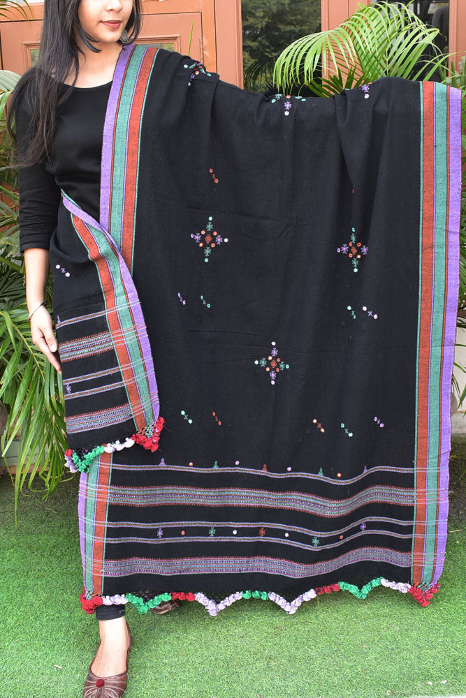 Elegant Handwoven Organic Kala Cotton Bhujodi Dupatta with Mirror , Miri Work and Tassels