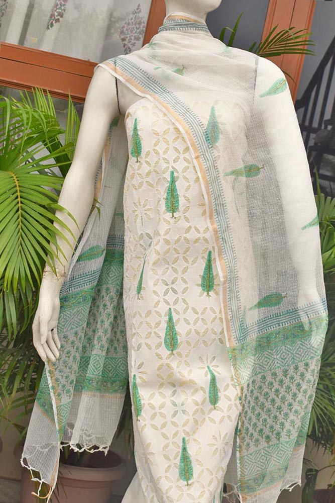Hand Block Printed Cotton Suit with Hand applique work & Kota dupatta