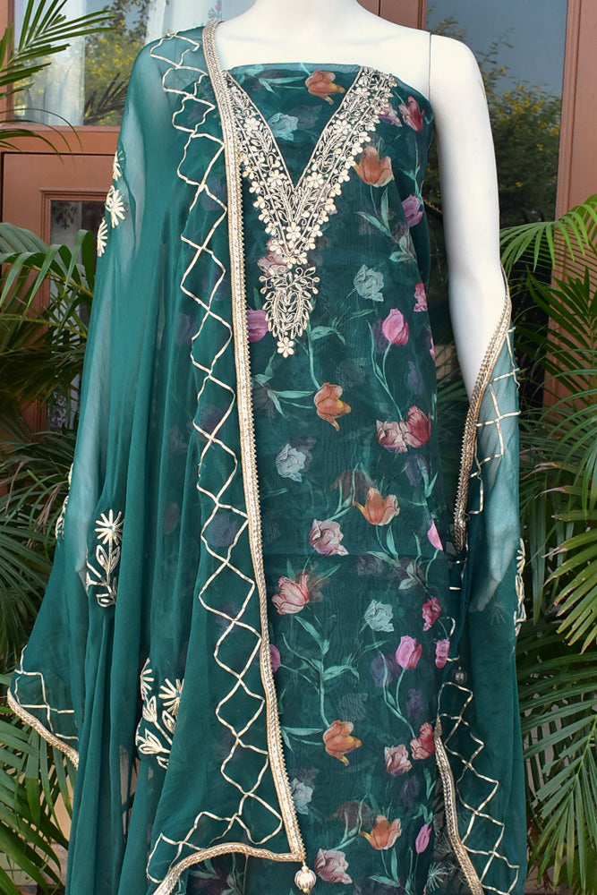 Beautiful Organza unstitched suit fabric with Gota Patti Work, Hand embroidery & Chiffon dupatta with Gota Work