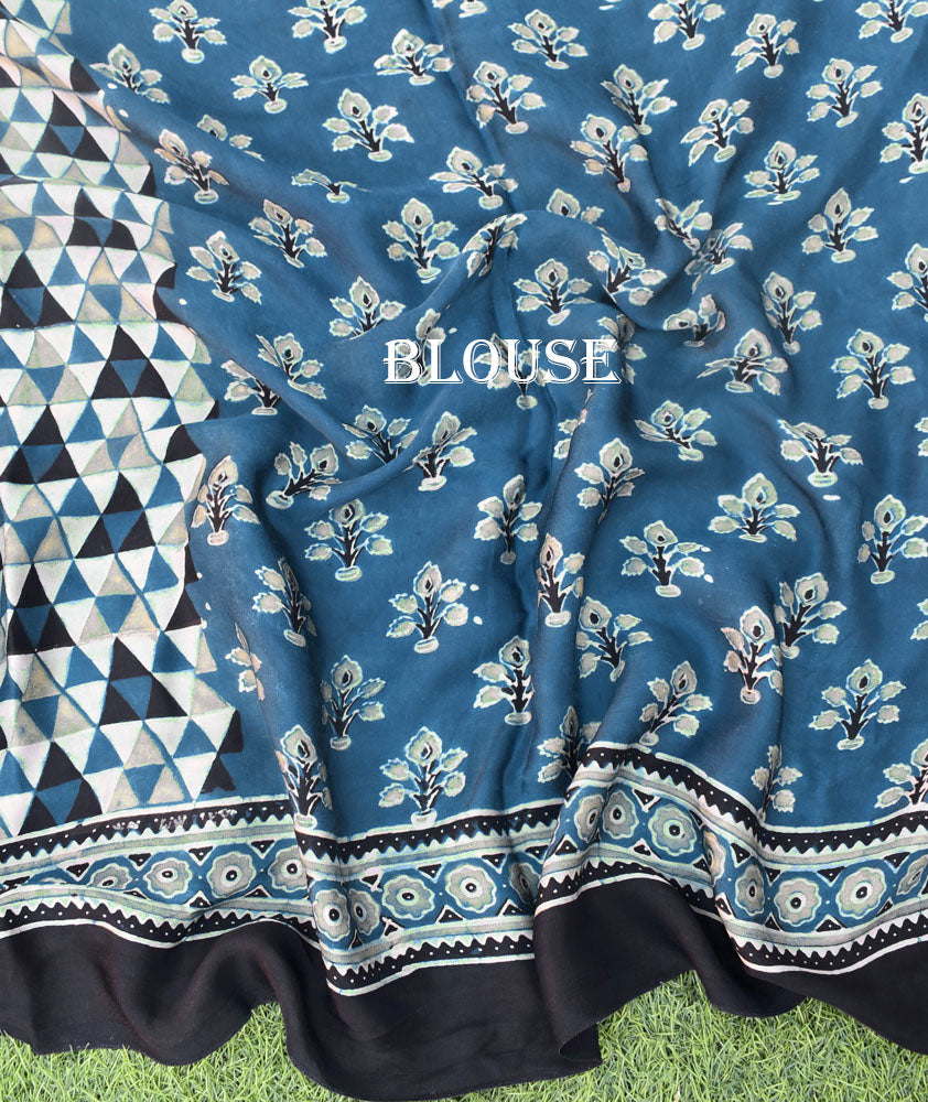 Elegant Hand Block Printed Ajrakh Modal Silk Saree with tassels