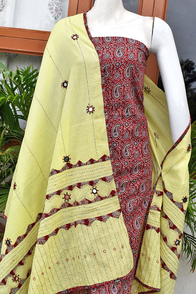 Beautiful Ajrakh Cotton Unstitched Suit with Real Mirror, Kantha & Applique Work dupatta