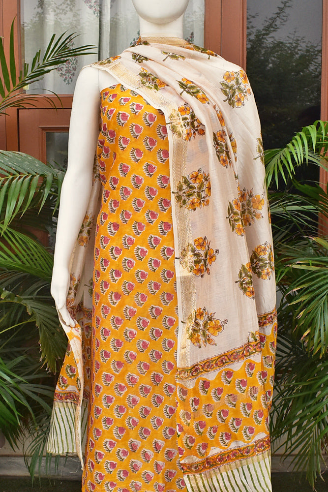 Elegant Sanganer Hand Block Printed Maheshwari Unstitched suit fabric