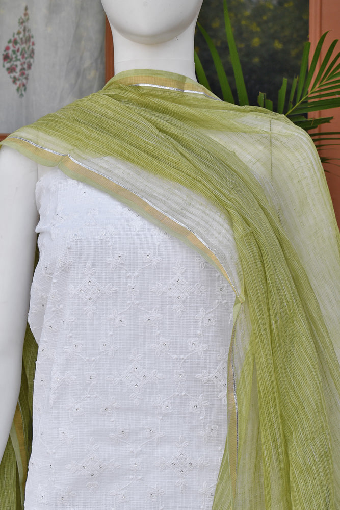 Premium Kota Unstitched suit with Schiffli & sequin work & Hand Block Print Dupatta