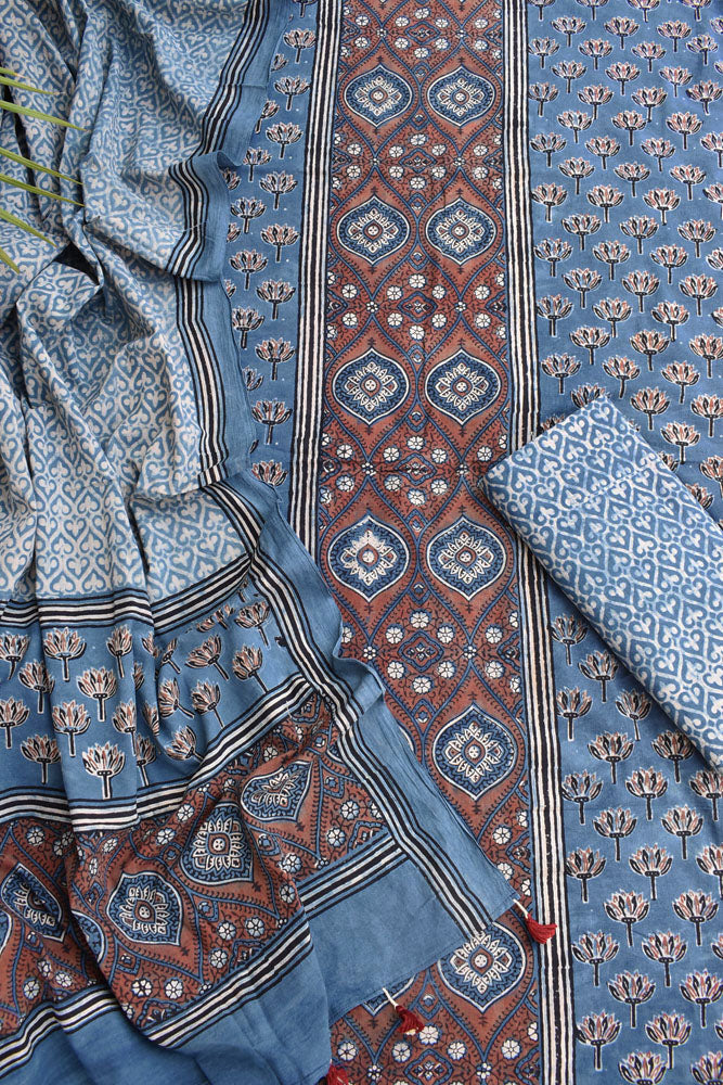 Hand Block Print Ajrakh Cotton Suit with designer Ajrakh neck yoke pattern