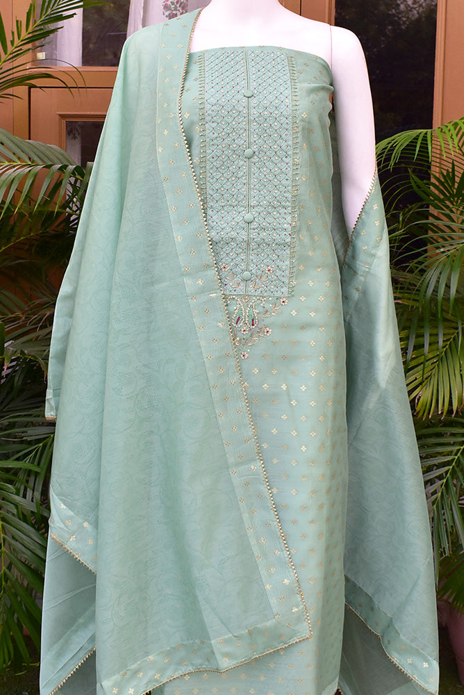 Beautiful Banarasi Chanderi unstitched suit fabric with Woven bootis, Hand embroidery & chanderi dupatta with stitched border Dupatta