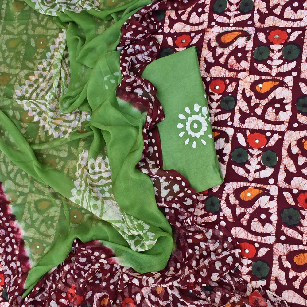 Wax Batik Work Cotton Unstitched Suit Fabric with foil mirror, embroidery & chiffon dupatta