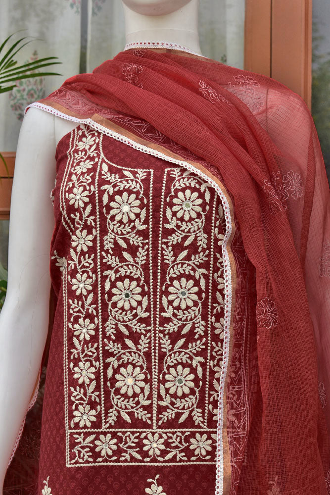 Beautiful Cotton Unstitched Suit Fabric with Embroidery work, Lace Detailing, Schiffli work bottom & & Kota Dupatta dupatta