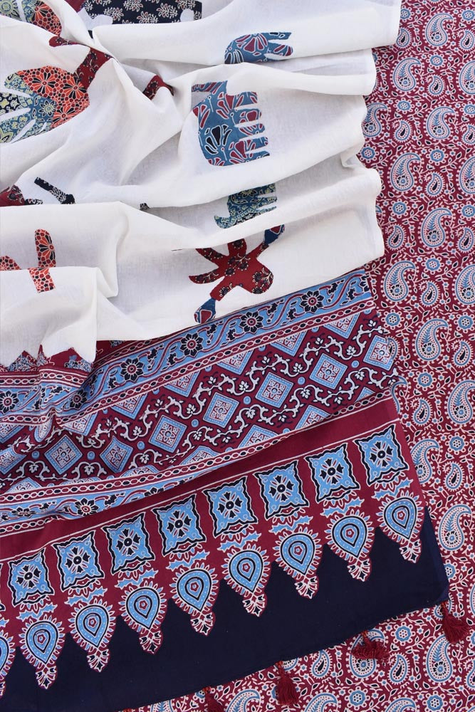 Beautiful Ajrakh kurta fabric with Hand Patch work dupatta