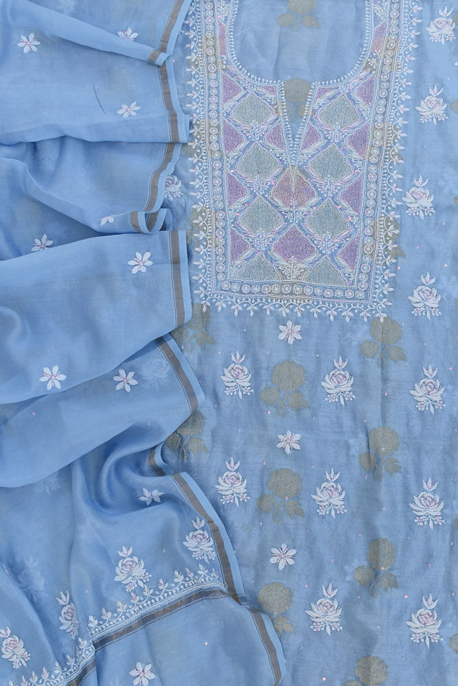 Banarasi Chanderi silk Kurta fabric & Dupatta with Chikankari , pearl, cutdana & sequins work