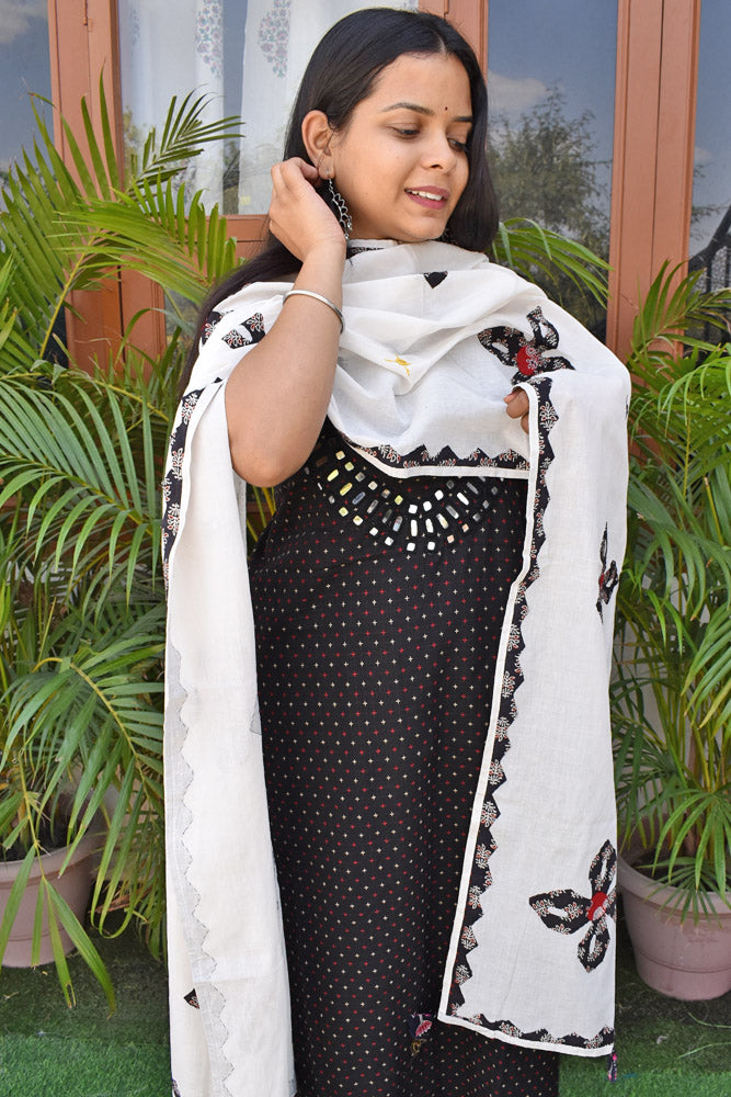 Handwoven Cotton Kurta fabric with Kutch Mirror work & Ajrakh Hand Applique & Mirror work dupatta