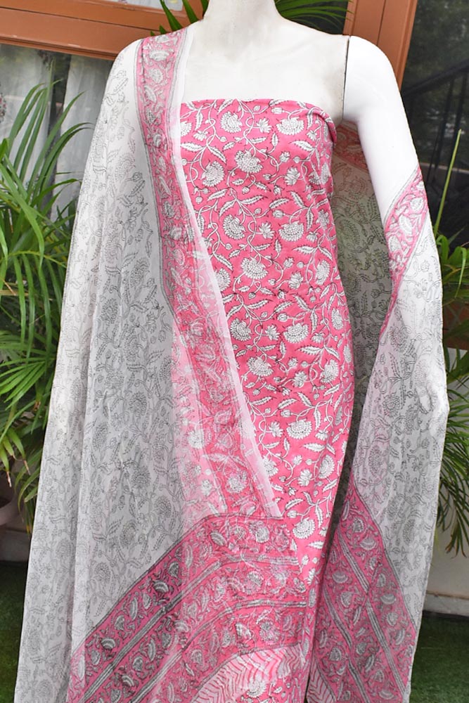 Hand Block Printed Cotton unstitched suit fabric with Chiffon dupatta