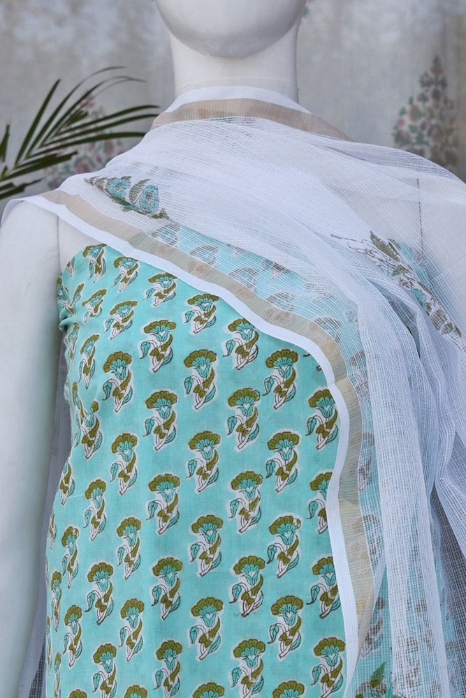 Beautiful Hand Block Printed Cotton unstitched suit fabric with Kota Doria Dupatta