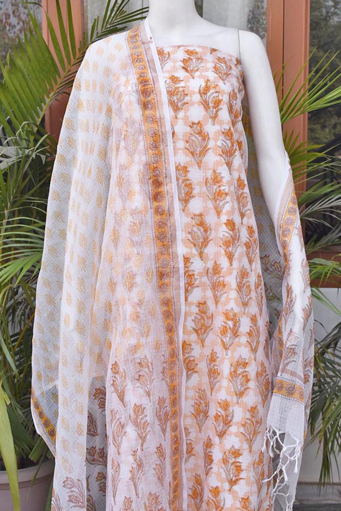 Elegant Sanganer Hand Block Printed Kota cotton Unstitched suit with Cotton Lining & bottom - 4 pc set