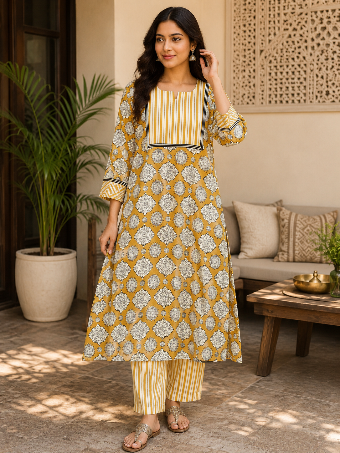 Elegant Hand Block Printed Cotton Kurta and pant set - Sizes 40 - 46