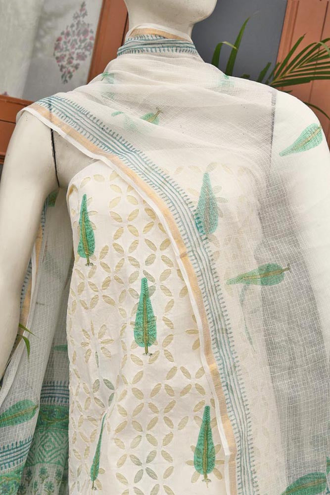 Hand Block Printed Cotton Suit with Hand applique work & Kota dupatta