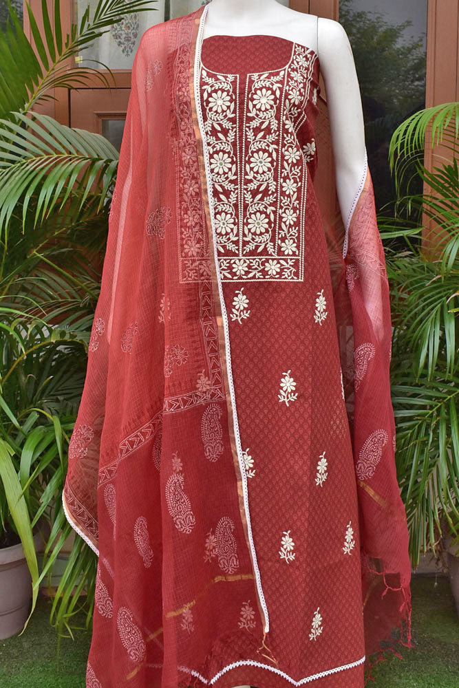 Beautiful Cotton Unstitched Suit Fabric with Embroidery work, Lace Detailing, Schiffli work bottom & & Kota Dupatta dupatta