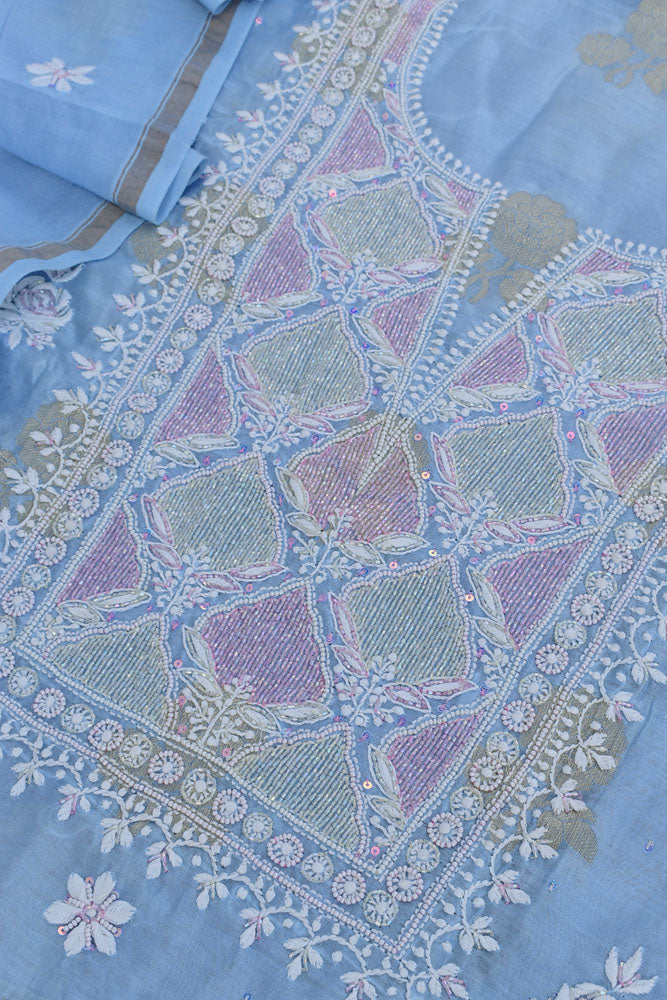 Banarasi Chanderi silk Kurta fabric & Dupatta with Chikankari , pearl, cutdana & sequins work