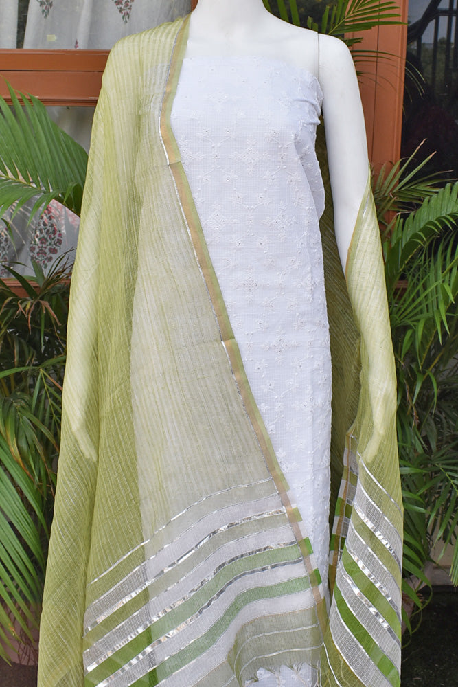 Premium Kota Unstitched suit with Schiffli & sequin work & Hand Block Print Dupatta
