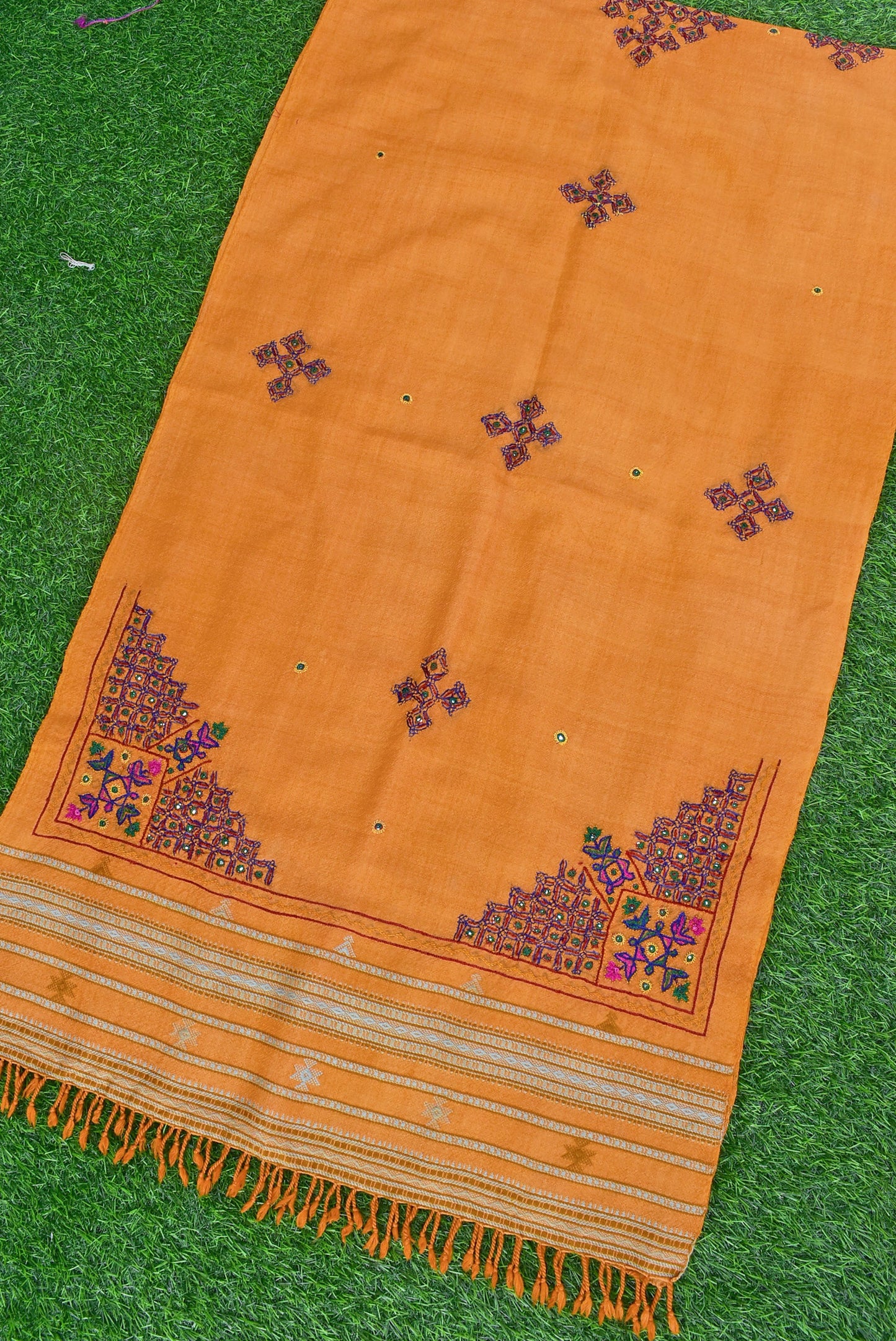 Handwoven Kutch Pure Merino Wool Stole with Mutva Hand Embroidery work