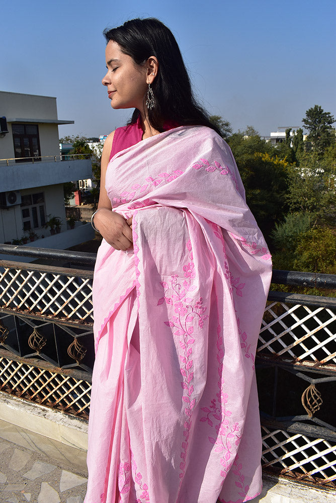 Elegant Soft Organdy saree with Hand Applique Phool Patti Work & Hand Muqaish Work