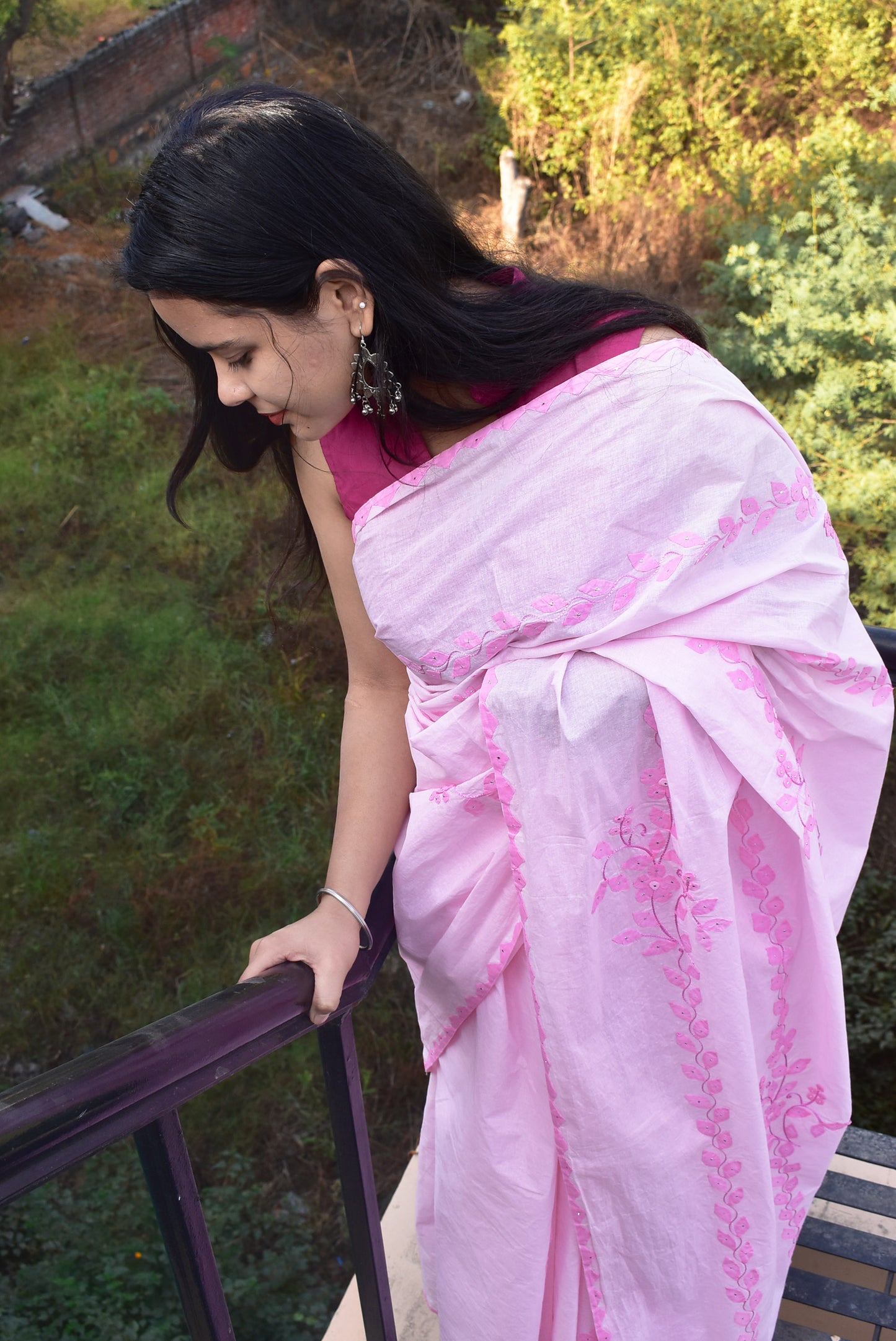 Elegant Soft Organdy saree with Hand Applique Phool Patti Work & Hand Muqaish Work