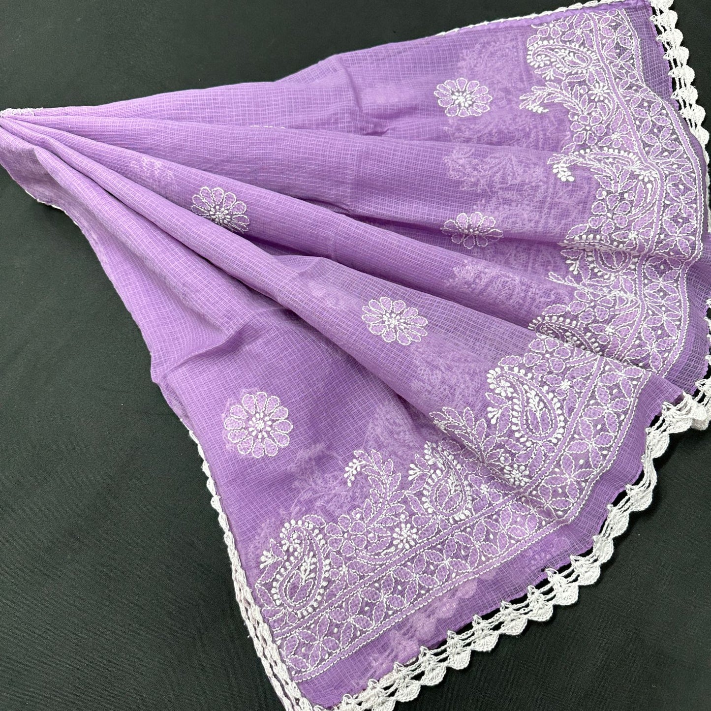 Kota Cotton Dupatta with Hand Chikankari embroidery & crochet borders