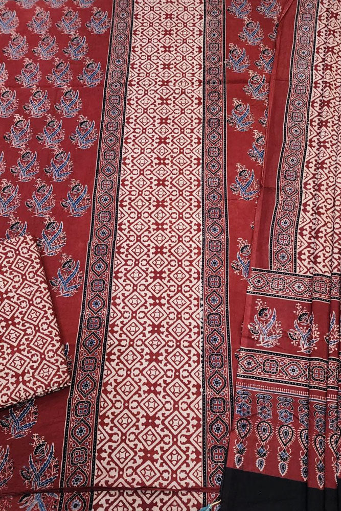 Hand Block Print Ajrakh Cotton Suit with designer Ajrakh neck yoke pattern