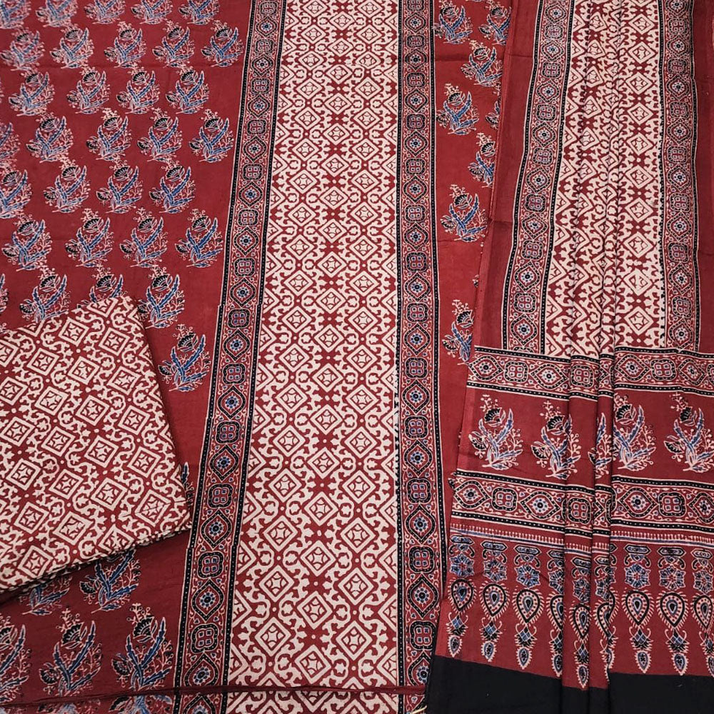 Hand Block Print Ajrakh Cotton Suit with designer Ajrakh neck yoke pattern