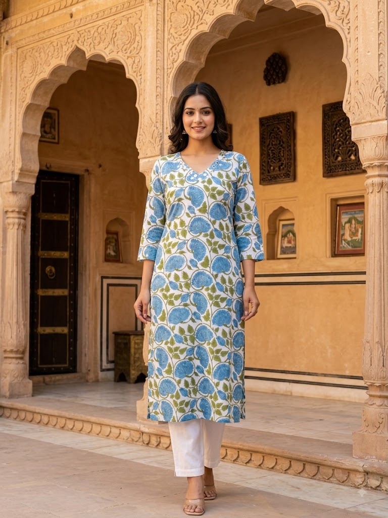 Designer Hand Block Printed cotton Kurta With Mirror Work - Size 40 to 46 ( all sizes)