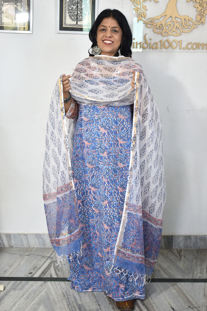 Beautiful Hand Block Printed Cotton unstitched suit fabric with Kota Doria Dupatta