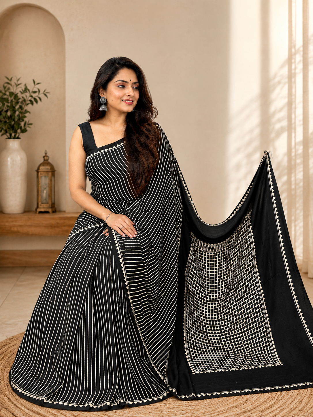Elegant Hand Block Printed Ajrakh Modal Silk Saree