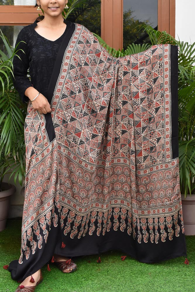 Elegant Modal Silk Ajrakh Block Print Dupatta with tassels