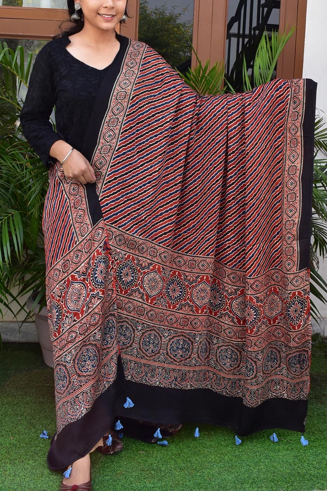 Elegant Modal Silk Ajrakh Block Print Dupatta with tassels